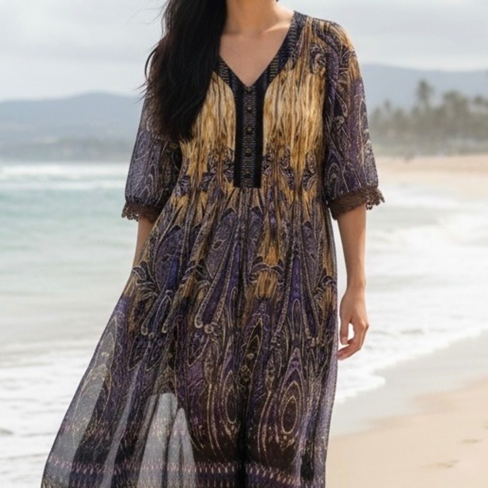 Paisley Boho Shift Dress Purple Tan Boho Summer Beachy Resort Arty Womens Size 8